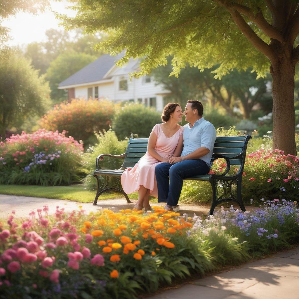 A serene, heartwarming scene of two people sitting on a park bench, sharing a joyful moment surrounded by blooming flowers and soft sunlight, with a gentle breeze rustling the leaves. In the background, there's a silhouette of a cozy home, symbolizing a nurturing environment. The image should evoke feelings of warmth, connection, and affection. super-realistic. vibrant colors. soft focus.