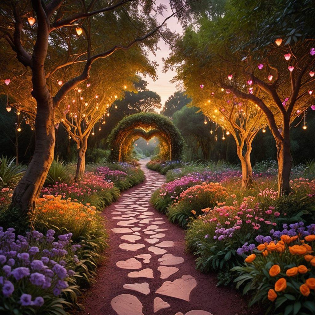 A heart-shaped path winding through a lush, enchanting forest, where a couple walks hand-in-hand, surrounded by twinkling fairy lights and vibrant flowers. The sky above is painted with warm sunset hues, symbolizing love's journey from crush to soulmate. Include subtle footprints in the soil to represent the steps taken together. surrealistic. vibrant colors. dreamy atmosphere.