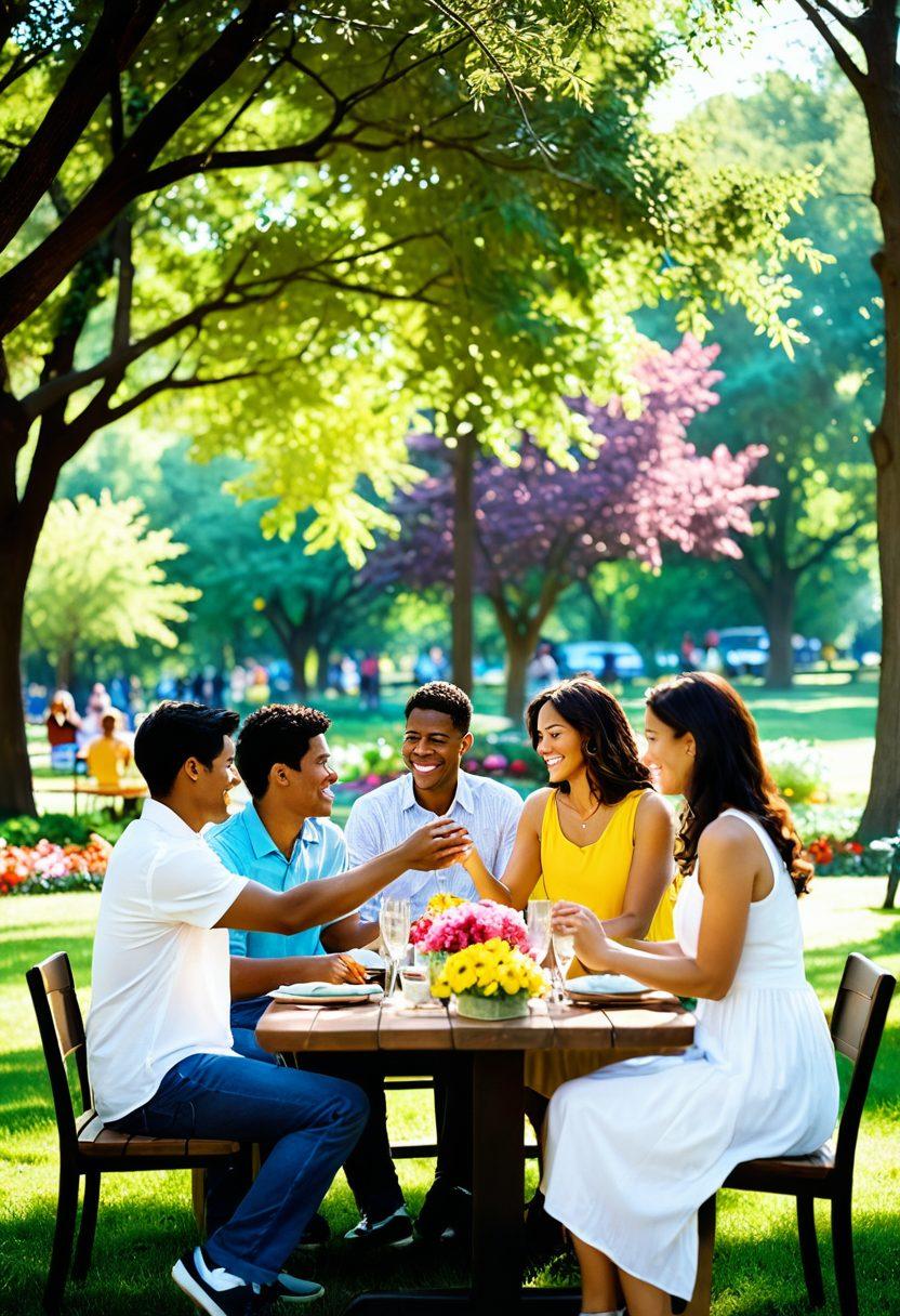 A warm, inviting scene depicting diverse couples and friends engaged in joyful activities together, showcasing moments of laughter, connection, and tenderness. Include elements like intertwined hands, shared meals, and playful gestures in a sunlit park setting, surrounded by blooming flowers. The atmosphere should radiate love and togetherness with soft, glowing light. super-realistic. vibrant colors. heartwarming.